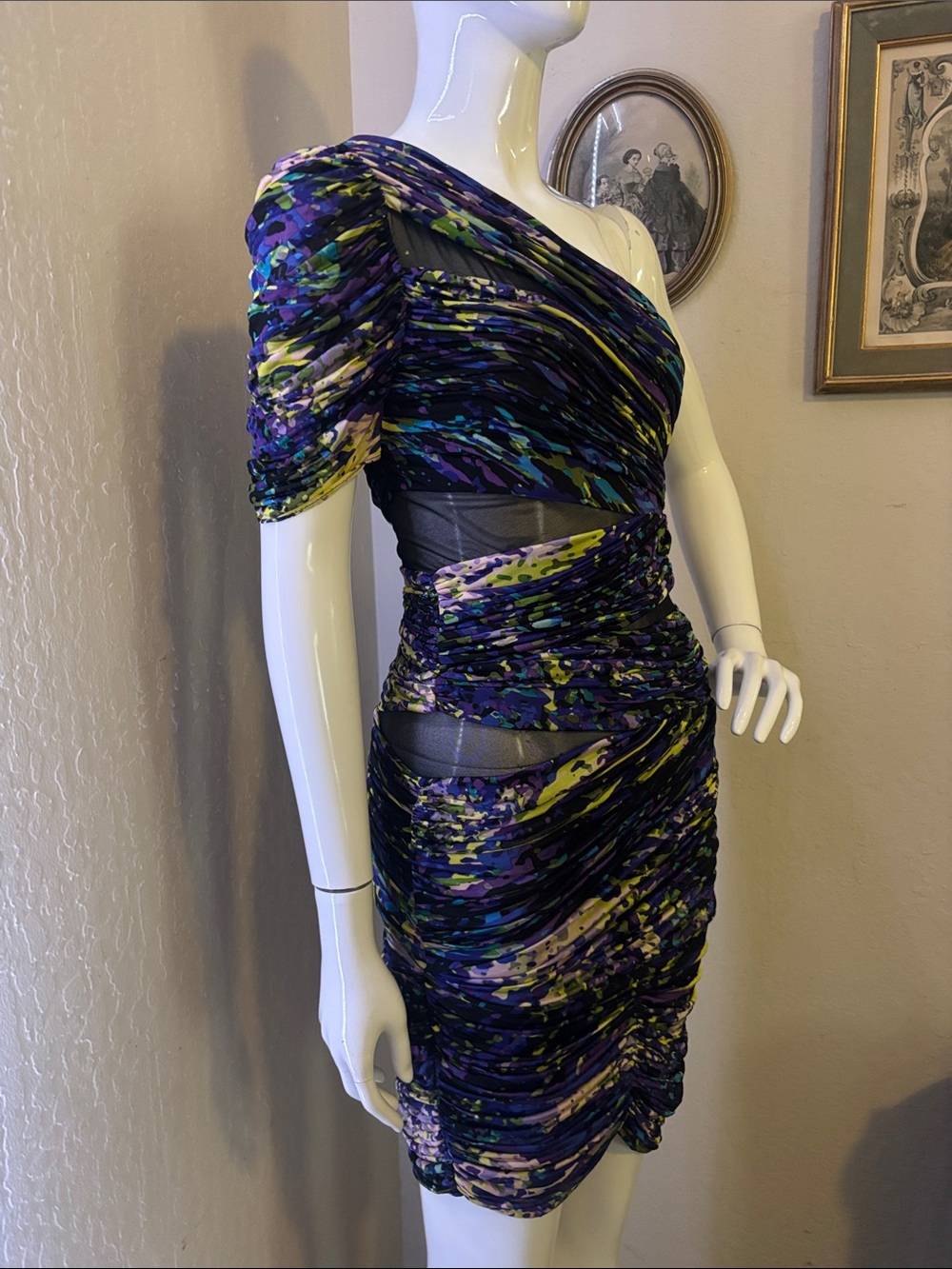 BCBGMaxAzria  Runway  One-Shoulder Ruched Dress in Purple, Blue, Yellow